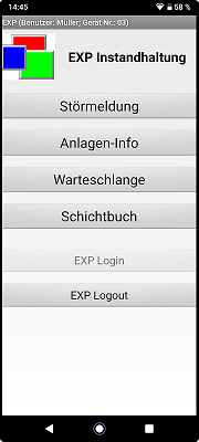 Instandhaltungssoftware EXP-Instandhaltung. App Menü