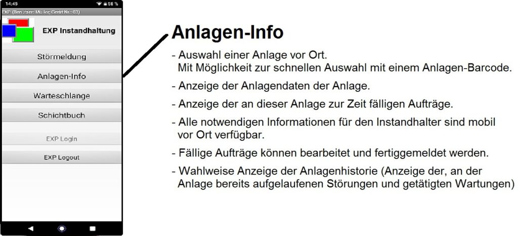 EXP-Instandhaltung. Anlagen-Info Funktion in der app