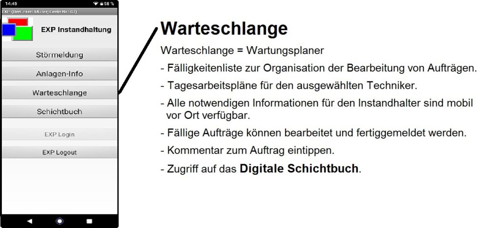 EXP-Instandhaltung. Warteschlangenfunktion in der app